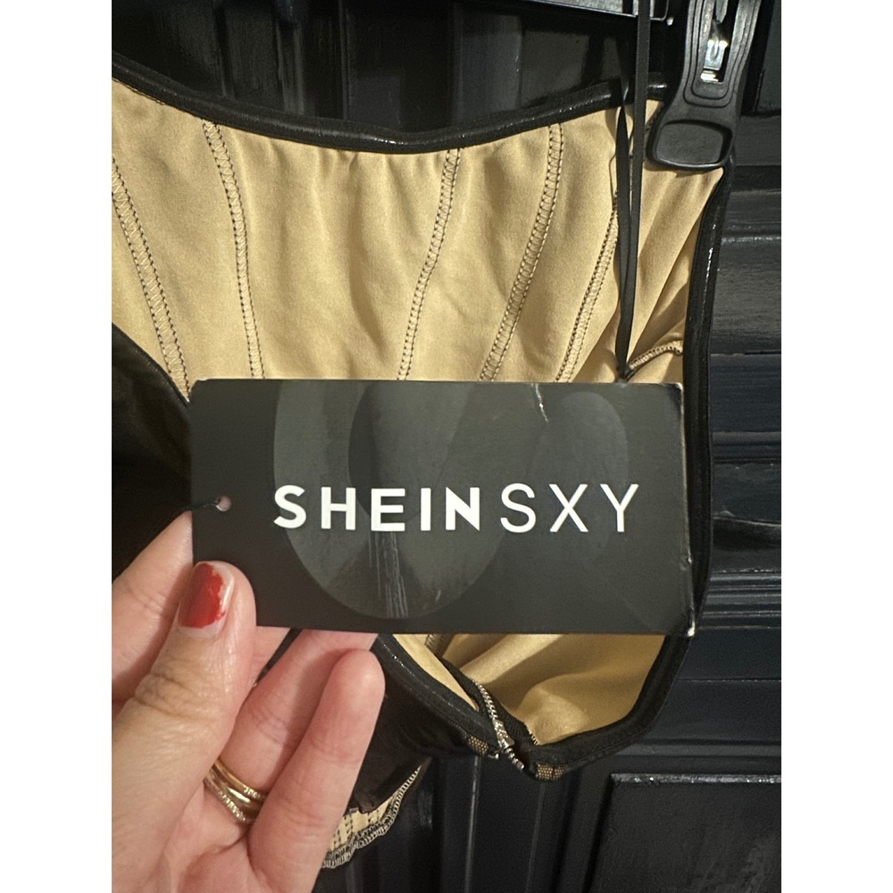 SHEIN SXY Black Sheer Mesh Faux Corset Top Zip Back Strapless Tube Top XL NWT - Picture 4 of 5